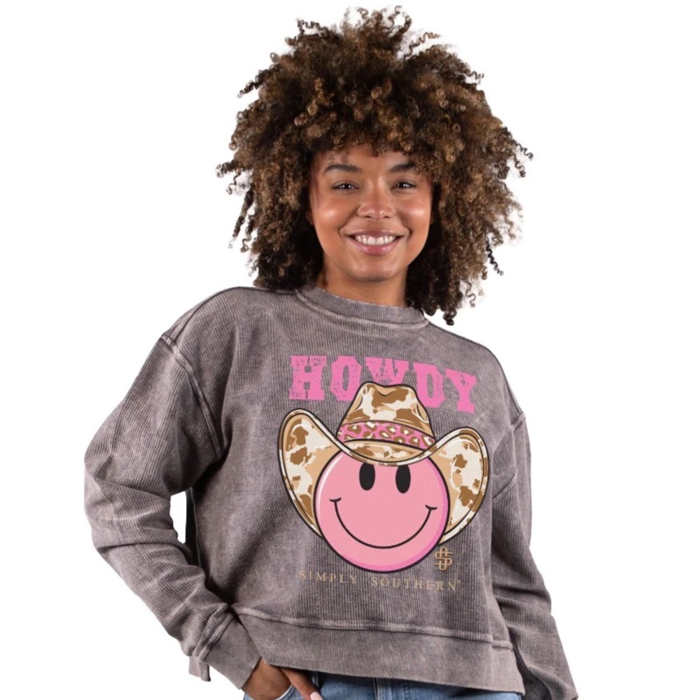 NWT Simply Southern acid wash long sleeve cropped crew neck graphic smiley face